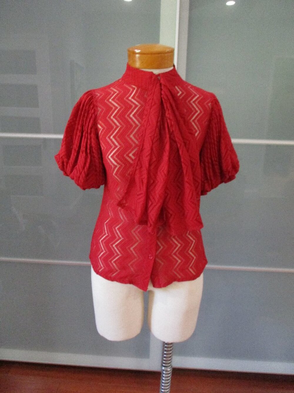 Gracia Short Sleeve Ascot Tie Chevron Pattern Button Front Blouse